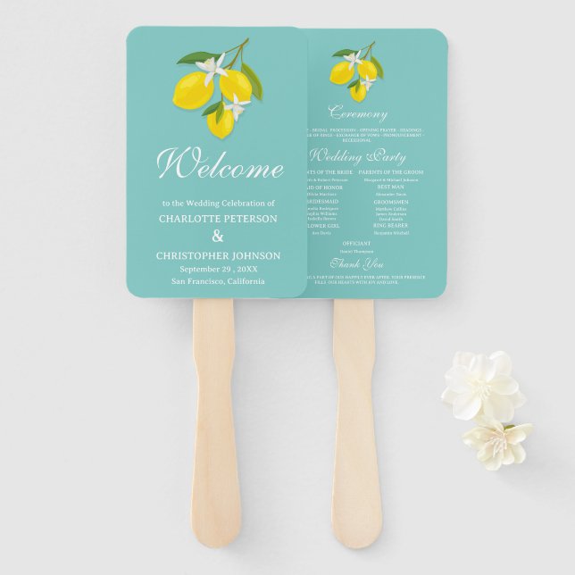 Éventail Programme de mariage du citron bleu et jaune (Devant et derrière)