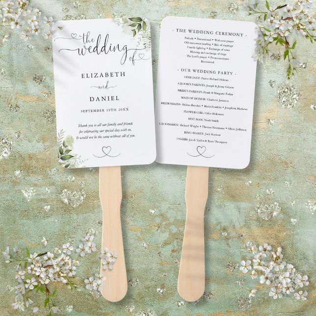 Éventail Programme de mariage du coeur floral vert (Greenery Floral Heart Script Wedding Program Hand Fan)
