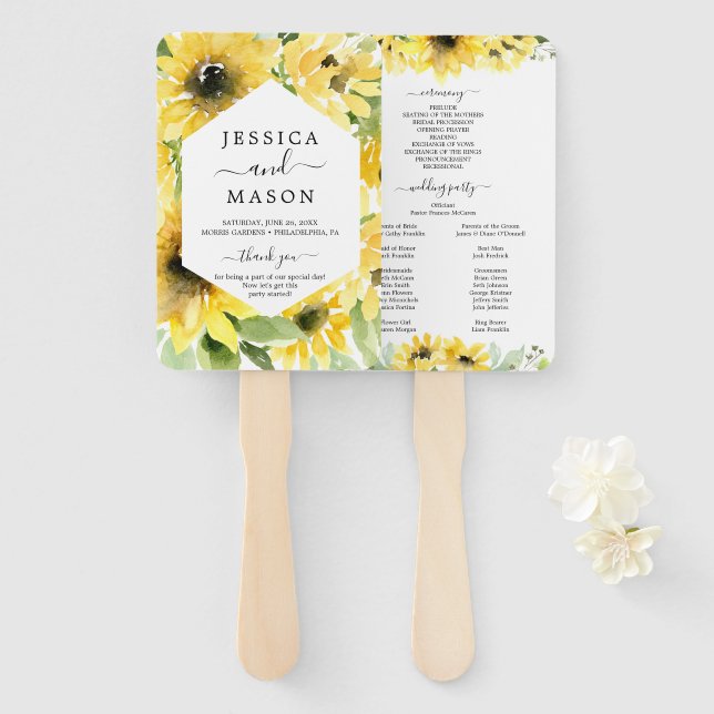Éventail Programme de mariage du jardin de tournesol (Devant et derrière)