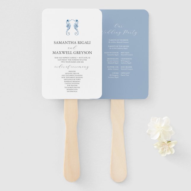 Éventail Programme de mariage Dusty Blue Beach | Hippocampe (Devant et derrière)