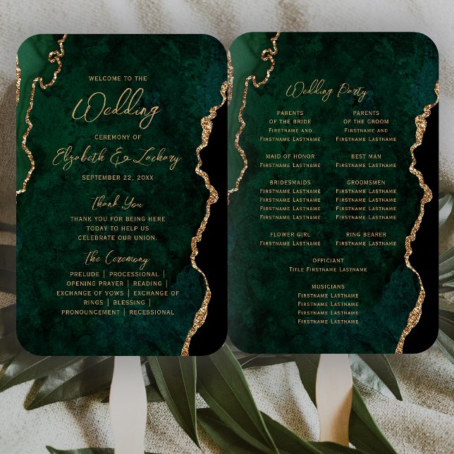 Éventail Programme de mariage écriture en or et agate vert  (Créateur téléchargé)