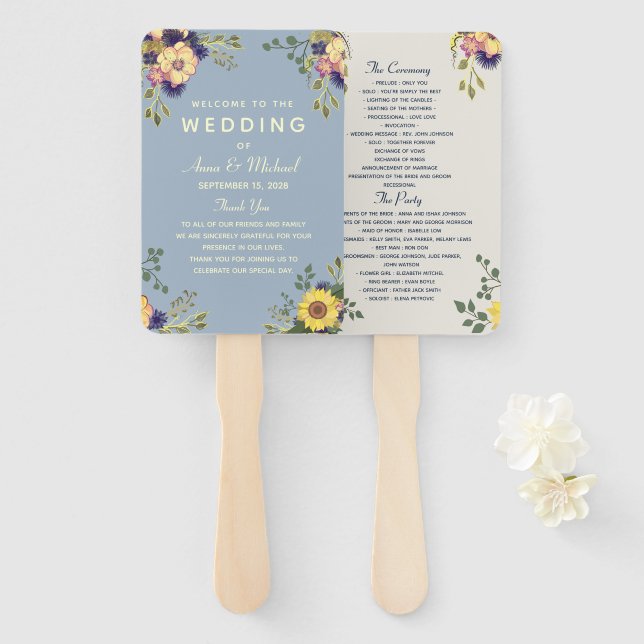 Éventail Programme de mariage élégant à fleurs à l'aquarell (Devant et derrière)