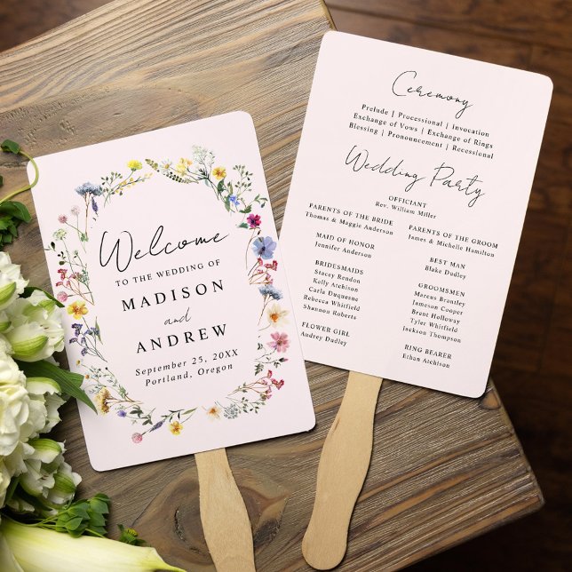 Éventail Programme de mariage élégant à fleurs sauvages ros (Créateur téléchargé)