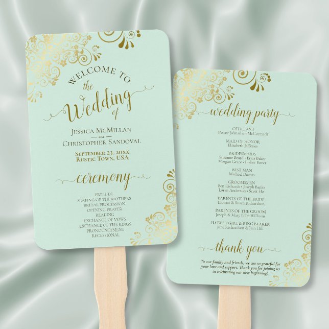 Éventail Programme de mariage élégant à la menthe verte et  (Front/Back)