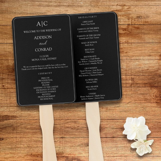Éventail Programme de Mariage Élégant à Monogramme Noir (Créateur téléchargé)