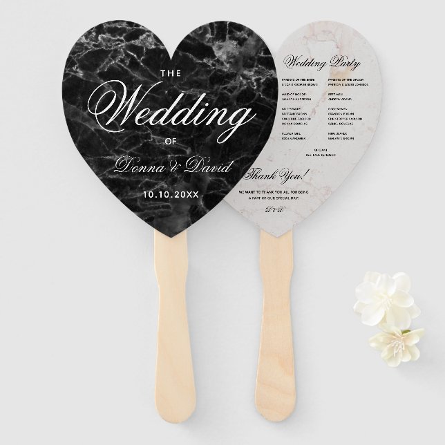 Éventail Programme de mariage élégant à motif marbre noir e (Devant et derrière)