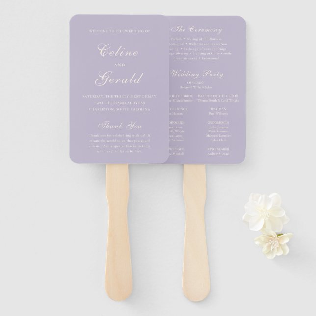 Éventail Programme de mariage élégant au lilas classique (Devant et derrière)