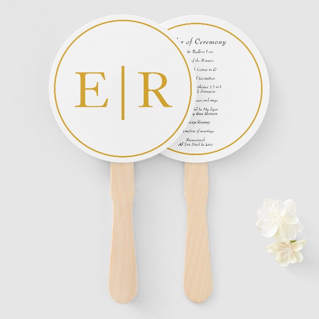 Éventail Programme de mariage élégant au monogramme doré (Devant et derrière)