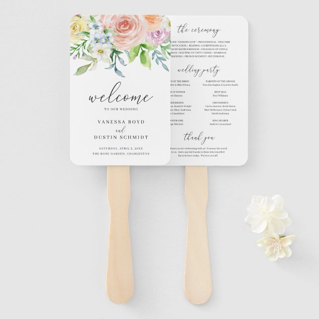 Éventail Programme de mariage élégant aux fleurs de pêche m (Devant et derrière)