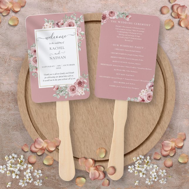 Éventail Programme de mariage élégant aux fleurs rose pouss (Dusty Rose Floral Elegant Wedding Program Hand Fan)