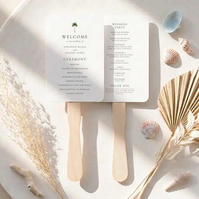 Éventail Programme de mariage élégant aux palmiers côtiers (Créateur téléchargé)