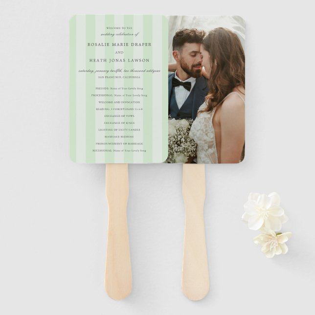Éventail Programme de mariage élégant aux rayures vertes mo (Devant et derrière)