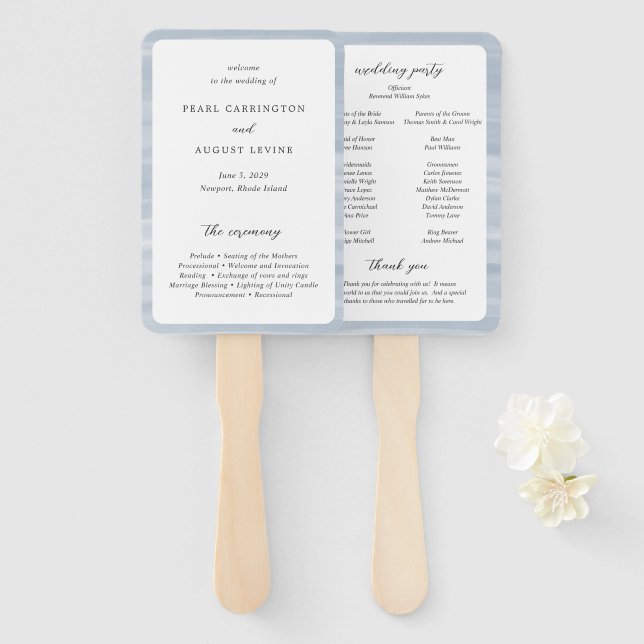 Éventail Programme de mariage élégant bleu atténué Coastal  (Devant et derrière)