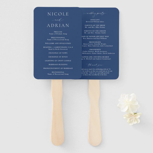 Éventail Programme de mariage élégant bleu marine classique (Devant et derrière)