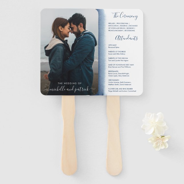 Éventail Programme de mariage élégant bleu marine photo mod (Devant et derrière)