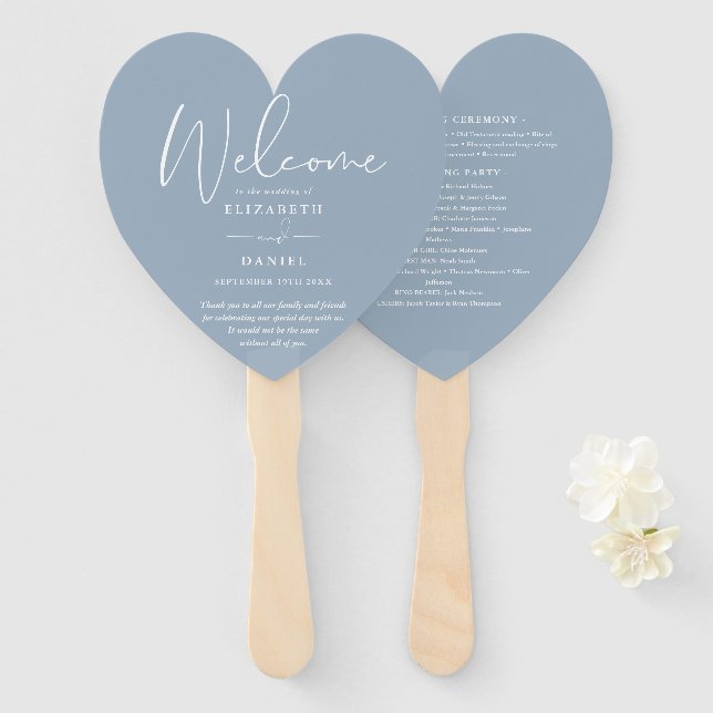 Éventail Programme de mariage élégant bleu poussiéreux en f (Devant et derrière)