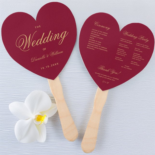Éventail Programme de mariage élégant Cœur bordeaux Écritur (Créateur téléchargé)