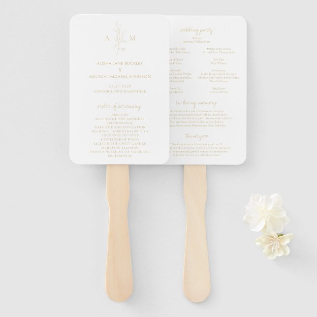 Éventail Programme de mariage élégant en or botanique propr (Devant et derrière)