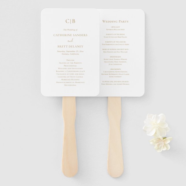Éventail Programme de Mariage Élégant en Or Traditionnel (Devant et derrière)