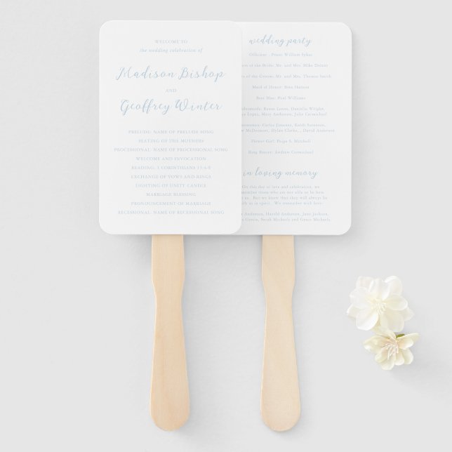 Éventail Programme de mariage élégant en poudre bleue avec  (Devant et derrière)