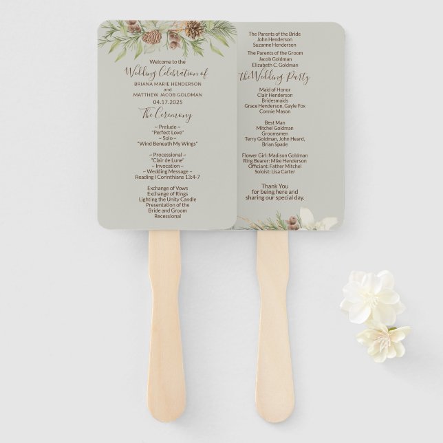 Éventail Programme de mariage élégant en script beige hiver (Devant et derrière)