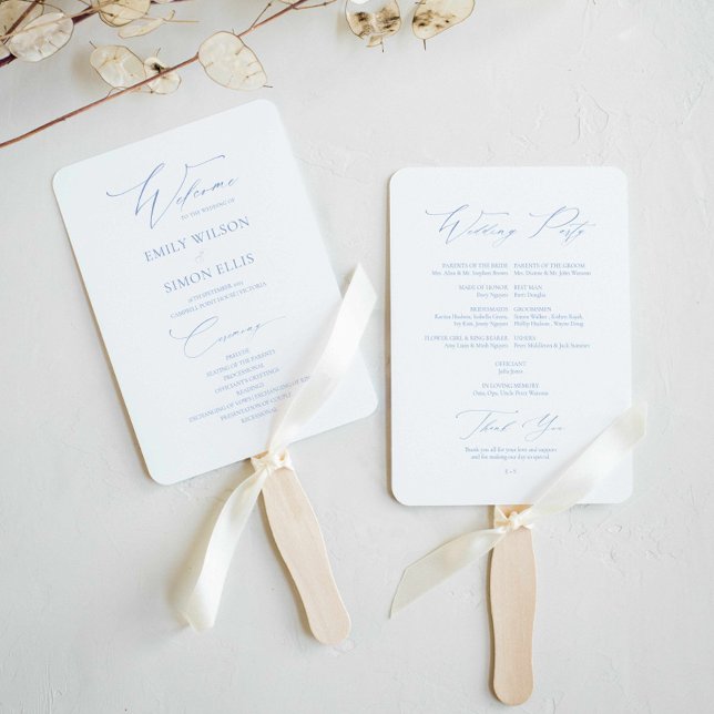 Éventail  Programme de mariage élégant et moderne couleur b (dusty blue wedding fan program, classy minimalist dusty blue wedding fan, elegant script wedding)