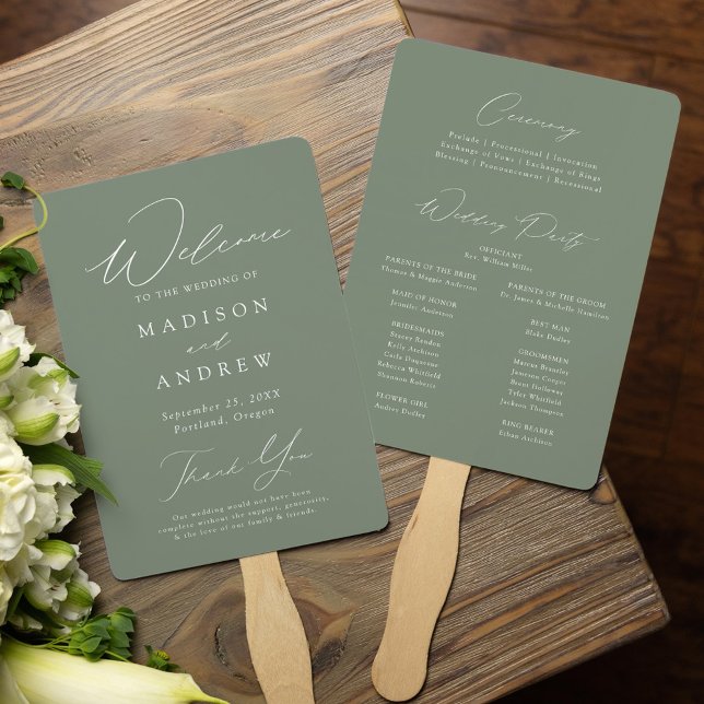 Éventail Programme de Mariage Élégant et Moderne Vert Sauge (Créateur téléchargé)