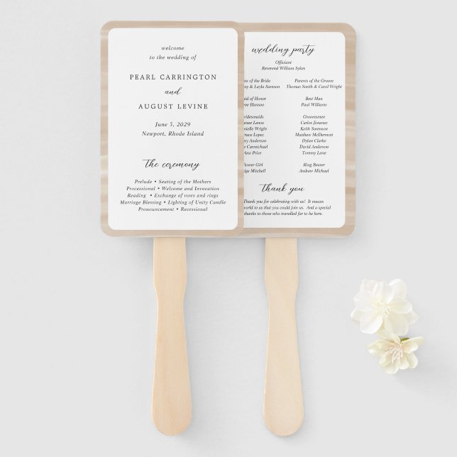 Éventail Programme de mariage élégant et neutre Sandy Coast (Devant et derrière)