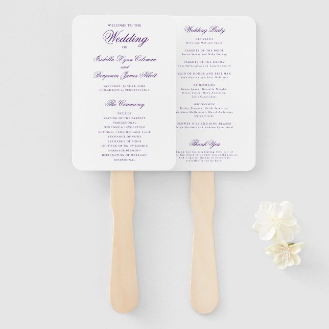 Éventail Programme de mariage élégant et traditionnel viole (Devant et derrière)