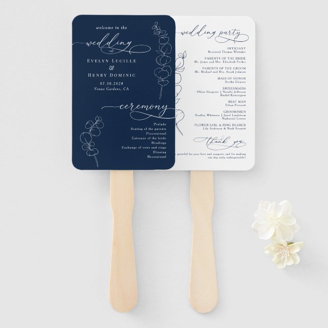 Éventail Programme de mariage élégant Eucalyptus Bleu Nuit (Devant et derrière)