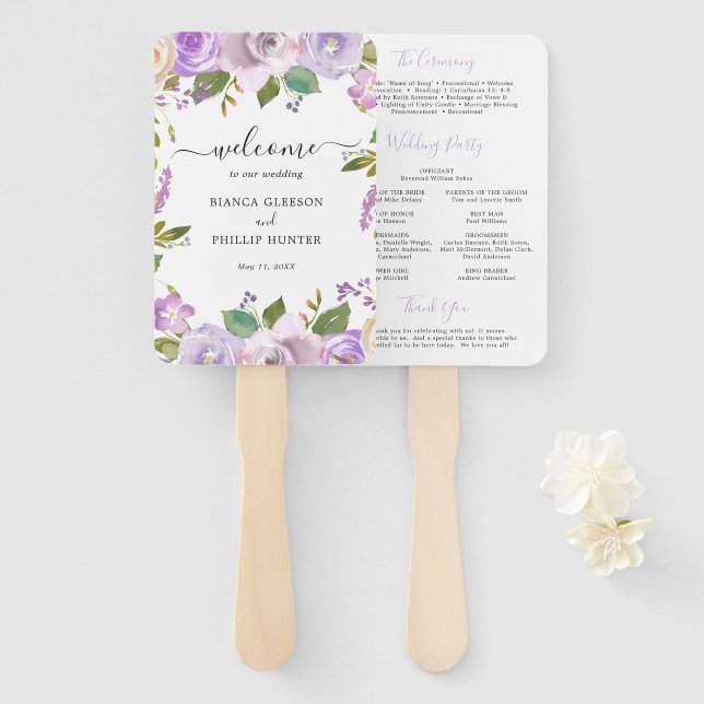 Éventail Programme de mariage élégant floral aquarelle lila (Devant et derrière)