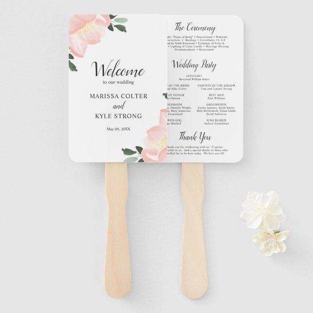Éventail Programme de mariage élégant floral aquarelle rose (Devant et derrière)