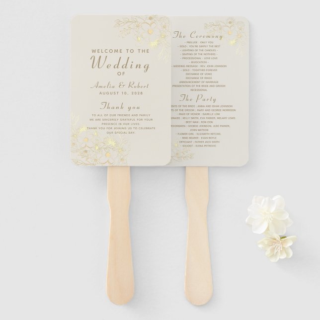 Éventail Programme de Mariage Élégant Floral Or (Devant et derrière)