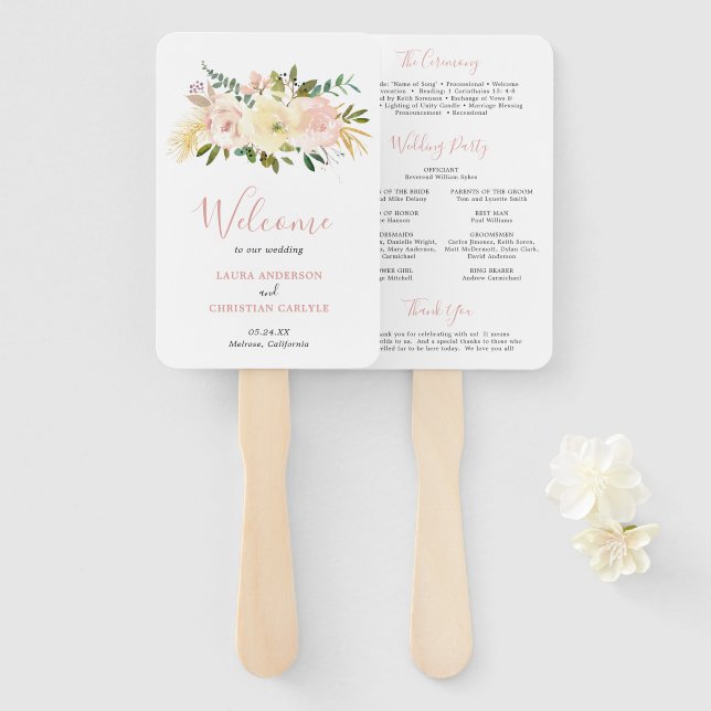 Éventail Programme de mariage élégant floral rose blush (Devant et derrière)