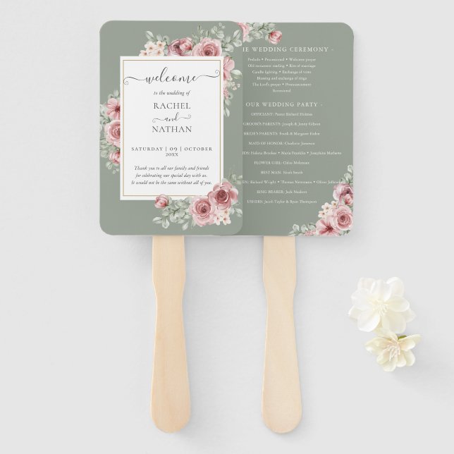 Éventail Programme de mariage élégant floral roses vert sau (Devant et derrière)
