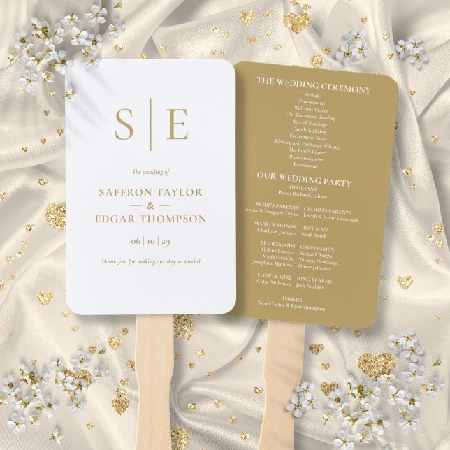 Éventail Programme de mariage élégant moderne à monogramme  (Elegant Modern Gold Monogram Wedding Program Hand Fan)