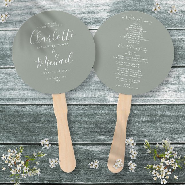 Éventail Programme de mariage élégant moderne vert sauge (Elegant Modern Script Sage Green Wedding Program Hand Fan)