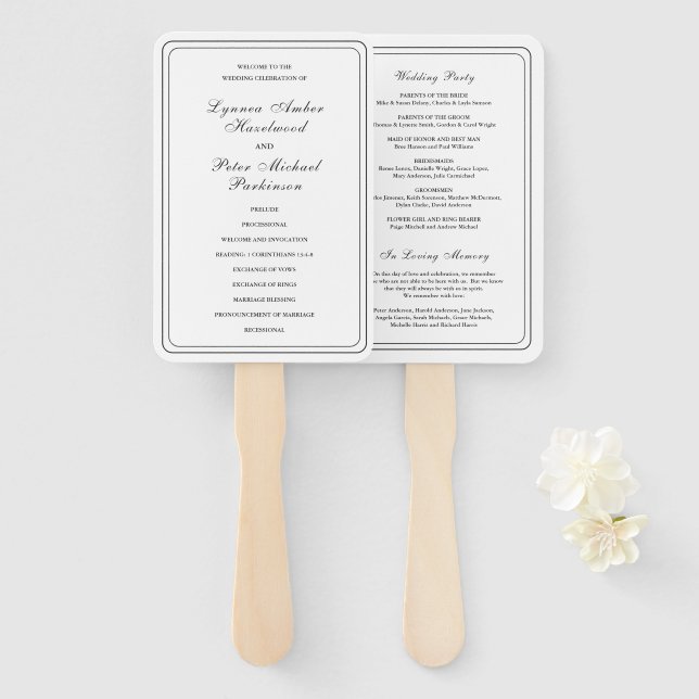 Éventail Programme de mariage élégant noir et blanc classiq (Devant et derrière)