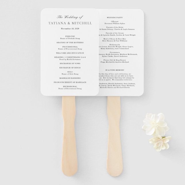 Éventail Programme de mariage élégant noir et blanc classiq (Devant et derrière)