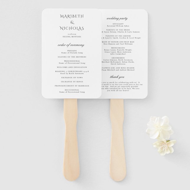 Éventail Programme de mariage élégant noir et blanc moderne (Devant et derrière)