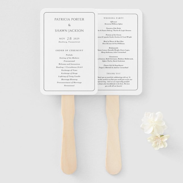 Éventail Programme de mariage élégant noir et blanc simple (Devant et derrière)