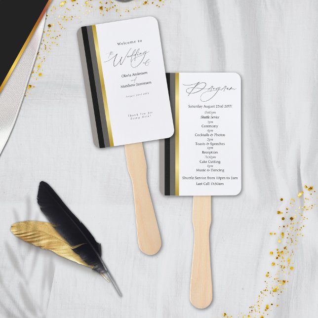 Éventail Programme de mariage élégant noir gris or rayé (Créateur téléchargé)