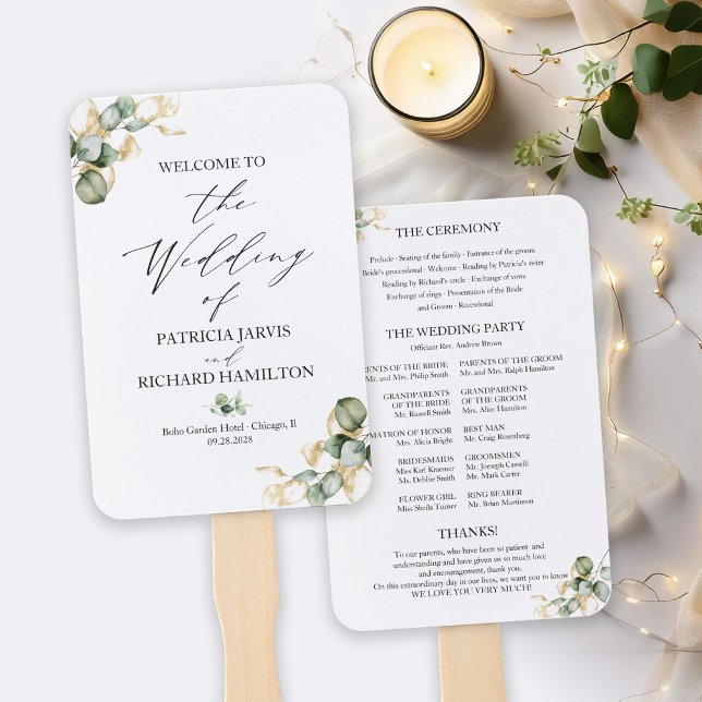 Éventail Programme de mariage élégant or et verdure (Créateur téléchargé)