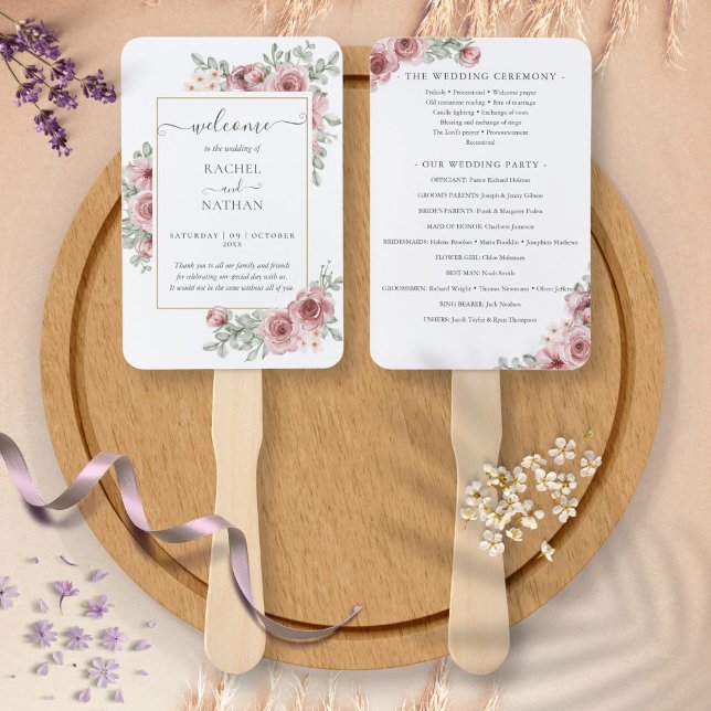 Éventail Programme de mariage élégant poussiéreux rose flor (Floral Dusty Rose Elegant Wedding Program Hand Fan)