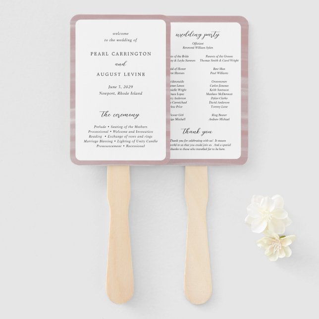 Éventail Programme de mariage élégant rose chic côtier (Devant et derrière)