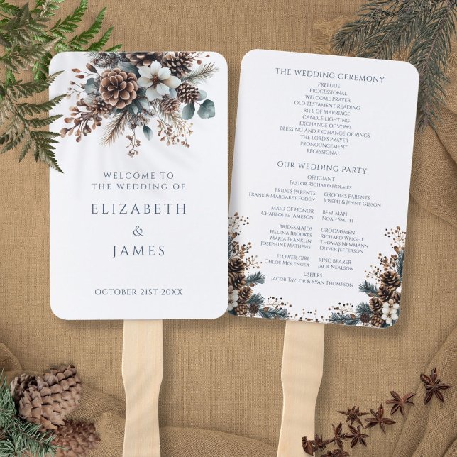 Éventail Programme de mariage Élégant Rustique Floral aux p (Elegant Rustic Floral Pinecones Wedding Program Hand Fan)