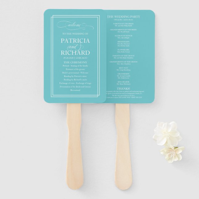Éventail Programme de mariage élégant simple bleu puriste (Devant et derrière)