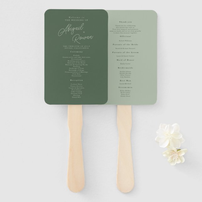 Éventail Programme de mariage élégant vert forêt (Devant et derrière)