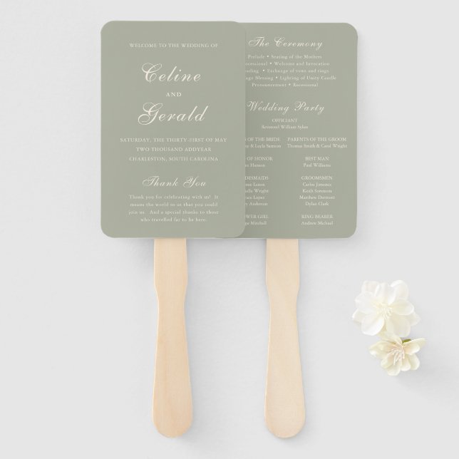 Éventail Programme de mariage élégant vert muet classique (Devant et derrière)