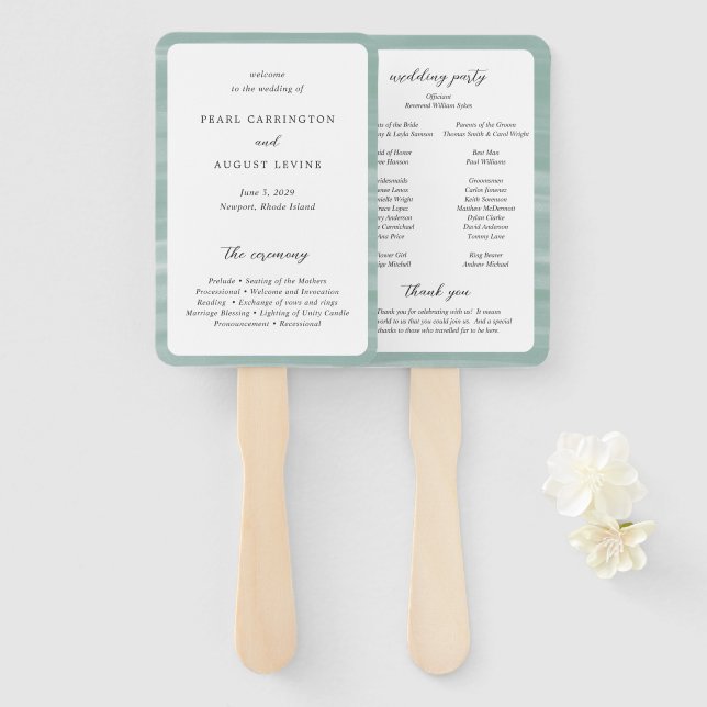 Éventail Programme de mariage élégant vert muet Coastal Chi (Devant et derrière)
